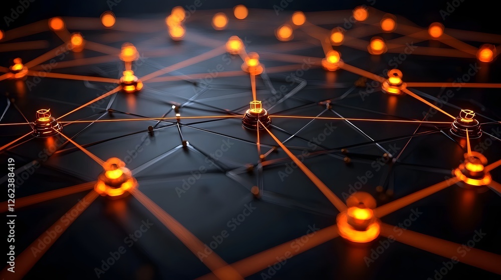 Poster interconnected digital network of glowing luminous links representing the complex infrastructure and