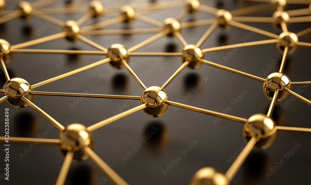 Poster golden network structure with interconnected nodes and lines on dark background