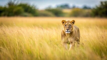 Fototapeta premium Majestic Lioness Walking Through Golden Grasslands in Wilderness