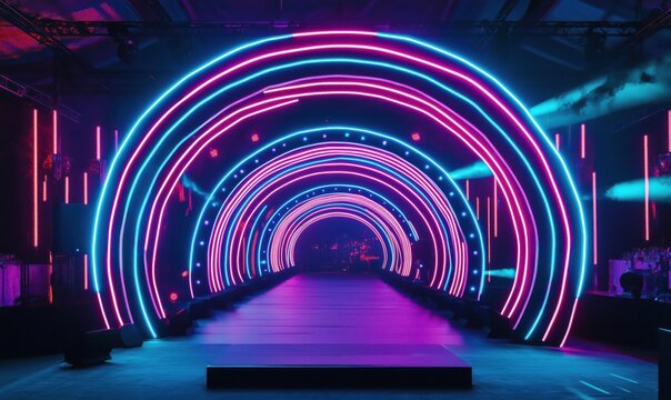 Vibrant Neon Light Tunnel with Colorful Arches for Fashion Show or Event - Powered by Adobe