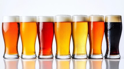 Craft beer tasting with a variety of styles showcased in multiple glasses arranged on a clean surface