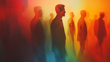 People walking through a colorful haze surrounded by vibrant shadows at dusk