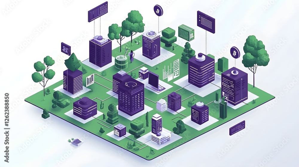 Poster futuristic high tech depicting a cryptocurrency and blockchain driven ecosystem featuring a modern c