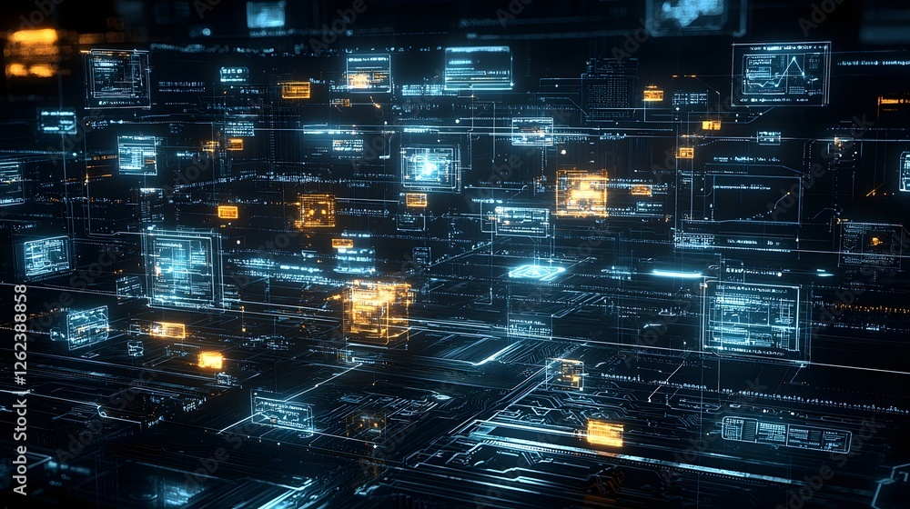 Poster elevated and abstract view of a futuristic cryptocurrency digital ecosystem showcasing interconnecte