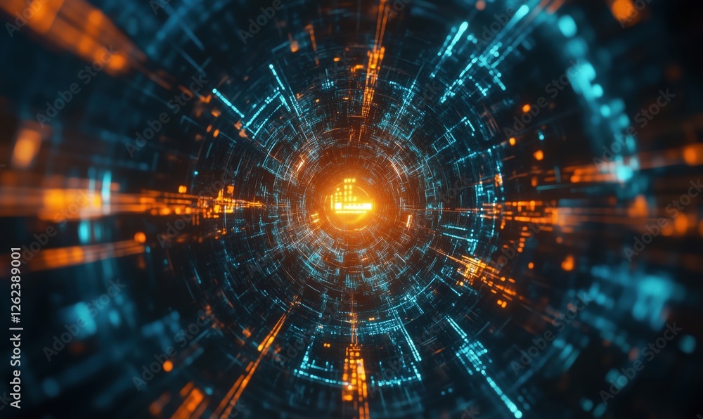 Poster digital tunnel with glowing orange and blue data streams, abstract technology background