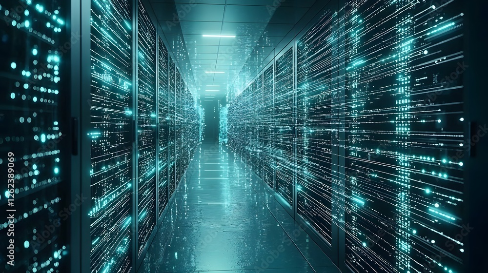 Poster elevated view of a futuristic high tech server farm depicting the complex and interconnected nature 