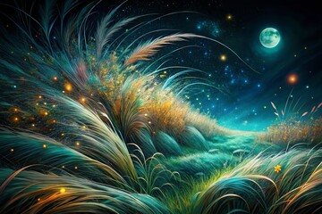 Fototapeta premium Night Photography: Wild Grass Organic Movement Pattern - Nature Texture Background