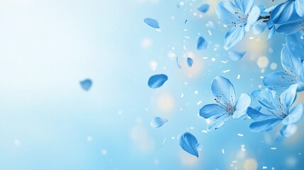 Blue confetti gently falling against a soft blue background, with bokeh effects and plenty of copy space for creative design and messaging.