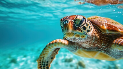 Fototapeta premium Sea turtle swimming in turquoise water close-up: marine wildlife in pristine ocean habitat