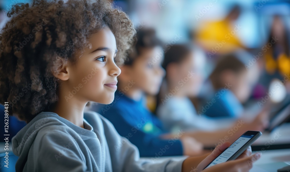 Poster child using smartphone in classroom setting, focused expression, peers in background