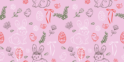 Coquette seamless Easter pattern with bunnies, flowers, eggs, and ribbons, hand drawn sketch line art, minimalistic style, ink illustration. Perfect for spring designs, greetings, or festive design