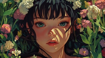 Portrait of a girl surrounded by blooming flowers and dappled sunlight in a serene garden setting