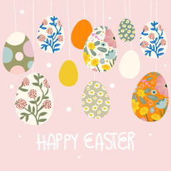Happy Easter. Easter eggs with abstract flowers for print, greeting cards, sticker. Spring holiday. Vector illustration 
