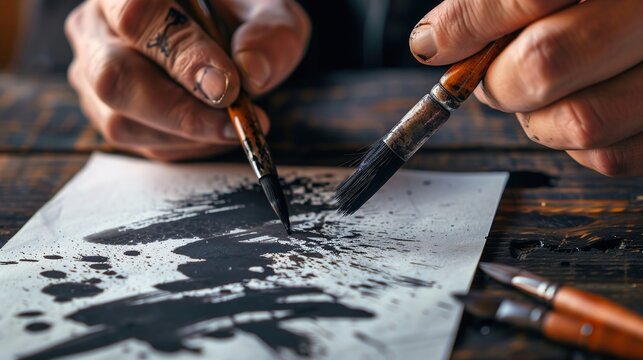 Brush closeup and hands practicing calligraphy with traditional ink strokes, ancient japanese art, letter writing, penmanship, and artistic communication