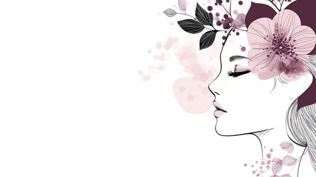 Sleek silhouette of female profile with flowers in minimalistic style