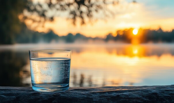 Glass of water reflecting sunset over tranquil lake with misty background