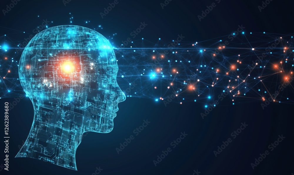Poster digital brain visualization with neural connections and circuit patterns