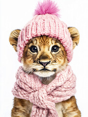 Obraz premium Cute lion cub pink knitted hat scarf winter Christmas festive outfit cozy holiday adorable small feline fluffy fur warm snug seasonal portrait,wall,art,wallpaper,baby,shower,greeting,card,clipart,