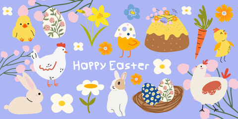 Naklejka premium Set of Happy Easter cartoon stickers in retro flat style. Spring vector elements, little chicken, white rabbits, eggs, easter cake, wild flowers. Celebrate the spring holidays