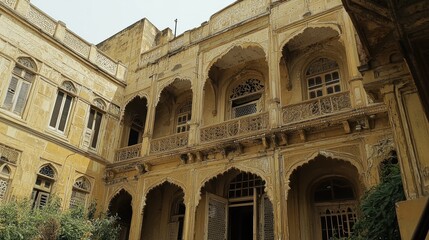 Fototapeta premium Deserted courtyard of a crumbling antique house in Pakistan