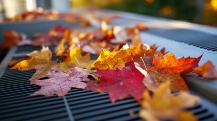 Obraz premium Colorful autumn leaves rest on a metal grate, capturing the essence of fall in a vibrant display of reds, oranges, and yellows