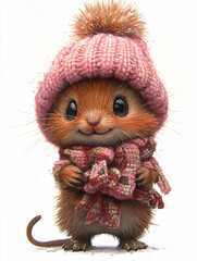 Obraz premium Cute little mouse pink knitted hat scarf winter Christmas festive outfit cozy holiday adorable small rodent fluffy fur warm snug seasonal portrait,home,pet,wallpaper,nursery,decor,kid,story,book