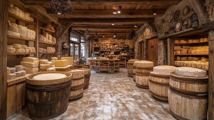 Rustic Cheese Shop Interior; Displaying Cheeses; Wooden Barrels; Decorative Accents