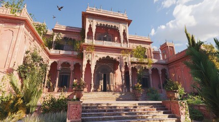 Fototapeta premium Pink Palace Exterior, Sunny Day, Birds Soaring, Lush Garden