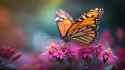 Obraz premium Orange Butterfly on Pink Flowers in Vibrant Nature Scene