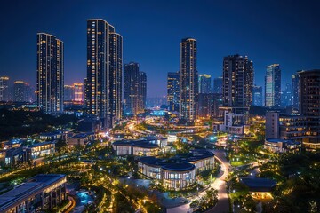 Obraz premium Night view of a technologically advanced city with elegant, illuminated skyscrapers. A premium background that meets the requirements of the latest technology.
