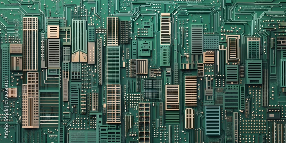 Poster circuit board cityscape with intricate patterns and structures resembling buildings