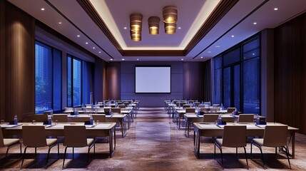 Obraz premium A modern training room setup with digital projectors and neatly placed seating for leadership classes. digital