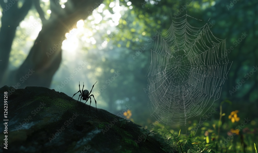Poster spider on rock with web in lush forest setting, sunlight filtering through trees