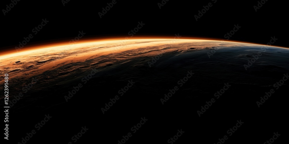 Poster mars planet surface view with atmospheric glow and dark background