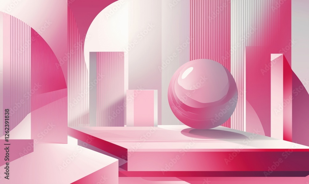 Poster abstract pink geometric composition with sphere and rectangular shapes in modern design