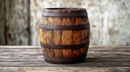 Naklejka premium Rustic wooden barrel on weathered table, aged farmhouse background