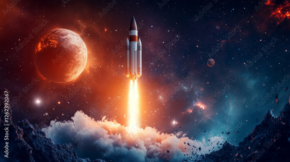 Poster landing page space, cartoon space rocket in starry galaxy universe. landing page vector template for