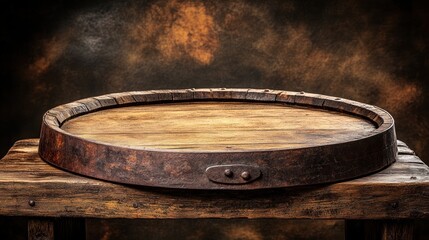 Rustic wooden barrel top, empty display, dark background