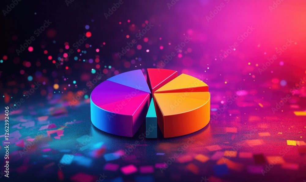 Poster colorful pie chart with vibrant background and confetti effect, representing data visualization