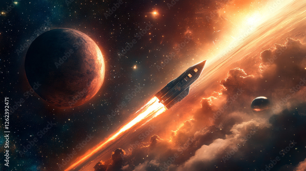Poster landing page space, cartoon space rocket in starry galaxy universe. landing page vector template for