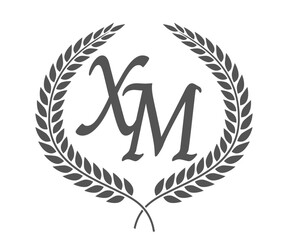 Initial letter X and M, XM monogram logo design with laurel wreath. Luxury calligraphy font.