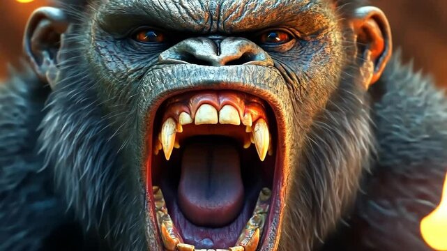 A close up of a gorilla with its mouth wide open and teeth bared. The image is a close up of a gorilla with its mouth wide open and teeth bared, giving the impression of a fierce and angry creature