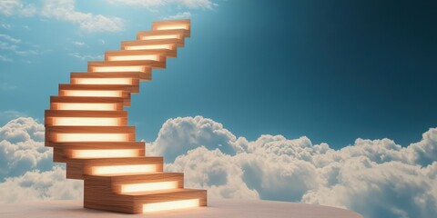 Leadership development strategy goal-setting concept. Illuminated staircase ascending through clouds under a blue sky.