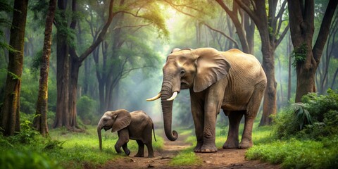 Fototapeta premium Majestic Elephants Walking Through Lush Green Forest Environment