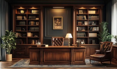 Fototapeta premium Elegant Study Room with Wooden Desk, Bookshelves, and Armchair in a Cozy Home Library Setting, Bright Lighting, Classic Decor, and a Serene Atmosphere, Generative AI