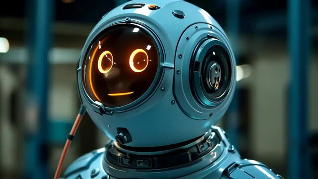 A robot with a blue helmet and orange eyes. The robot is in a dark room. The robot is looking at the camera