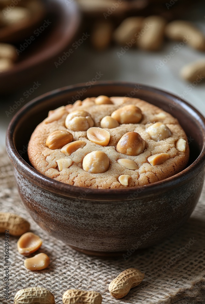 Poster freshly baked peanut butter cookie with peanuts in rustic bowl surrounded by peanuts on a textured s