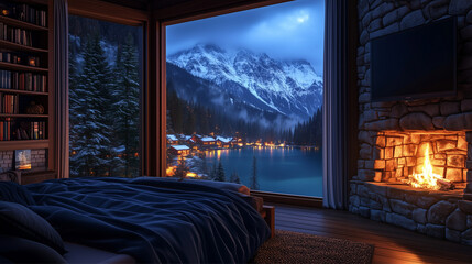 A splendid view of a cozy cabin overlooking a serene snowy landscape, blending indoor warmth with outdoor beauty, making it perfect for winter relaxation and retreat.