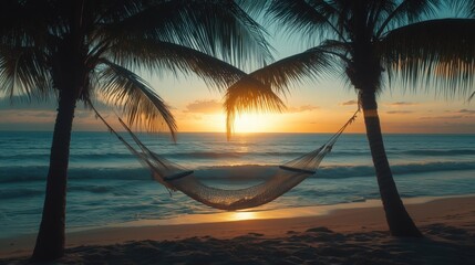 Hammock hanging between two palm trees on a tropical beach at sunset