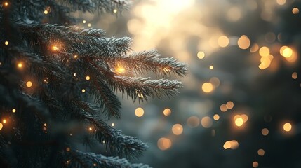 Sparkling winter scene with illuminated pine branches capturing the essence of the holiday season in a snowy forest